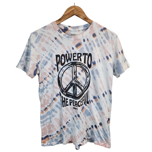 Obey Women's Power To The Peaceful Tie-Dye Peace Graphic Tee Size Medium Artsy - Picture 1 of 11